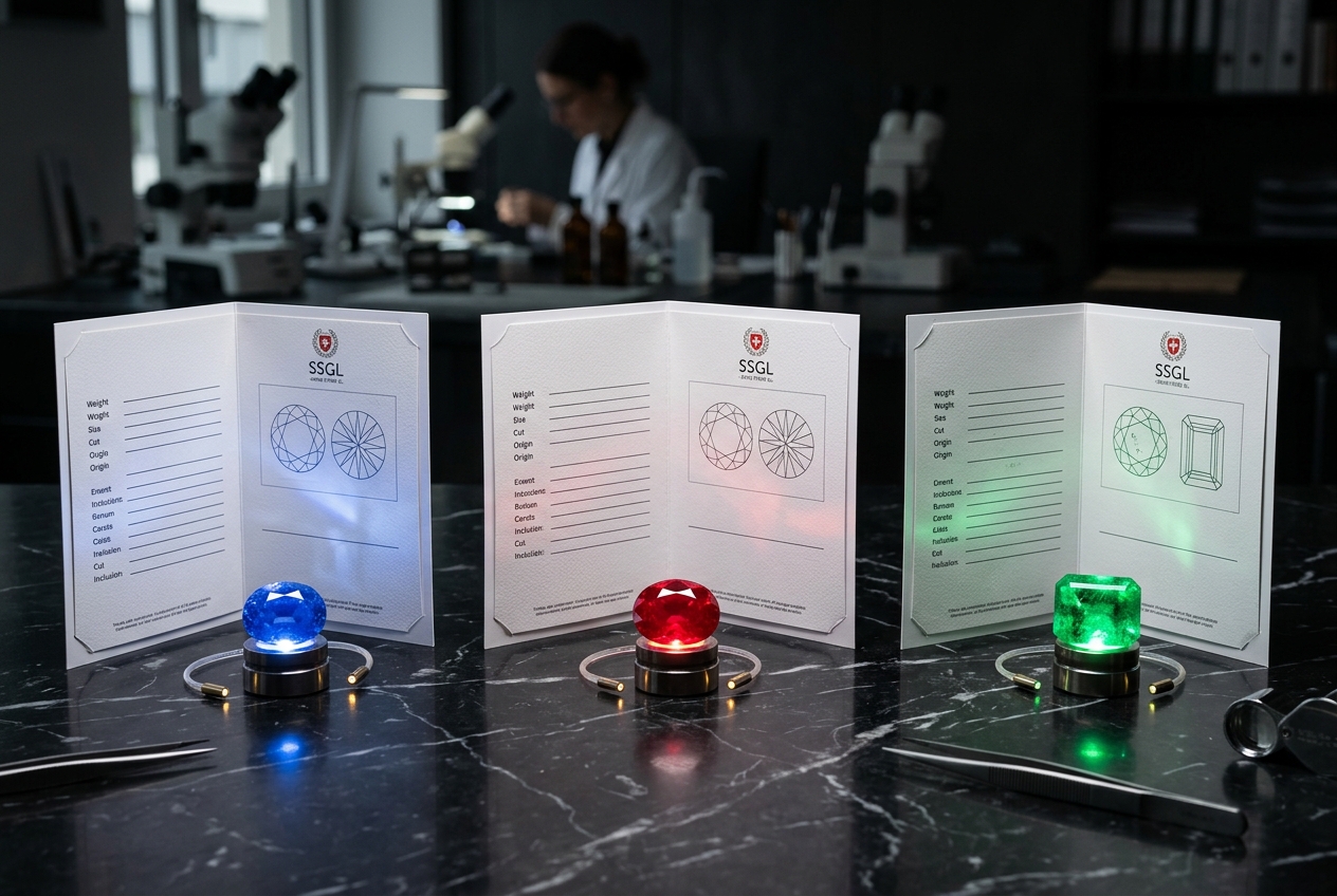 SSEF Gübelin AGL colored stone lab reports